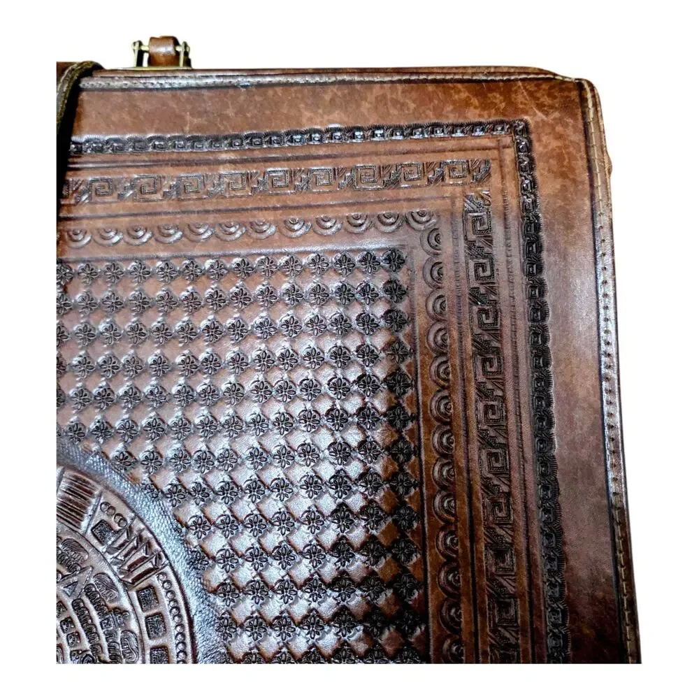 Vintage Mexican Hand Tooled Leather Briefcase Aztec Warrior Eagle Calendar Brown